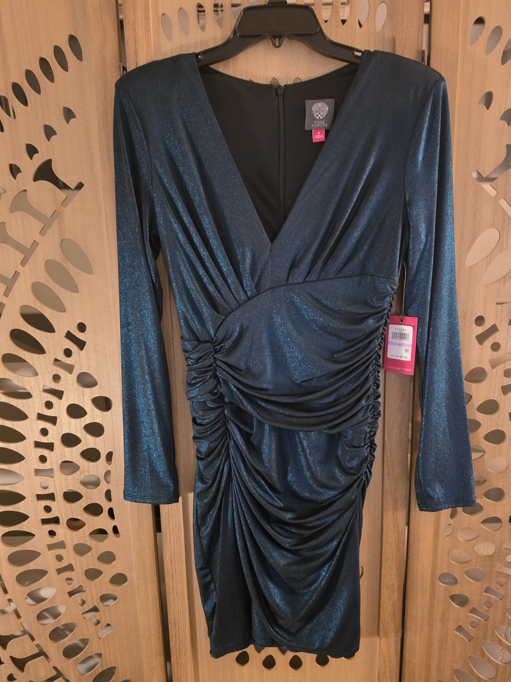 Vince Camuto Shimmery Teal Long-Sleeve Ruched Dress